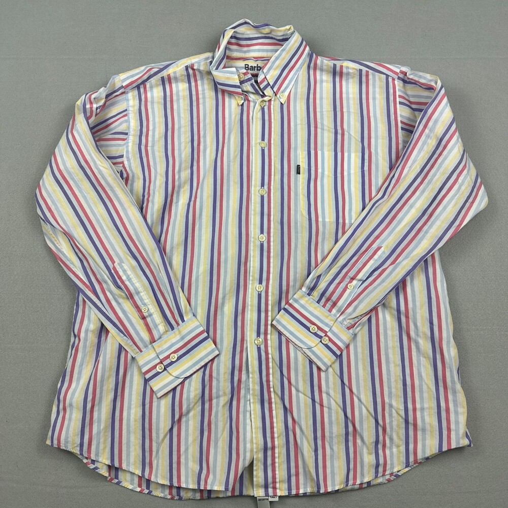 Barbour Shirt Men Large Blue Red Stripe Summer Soft Button Up Long Sleeve *